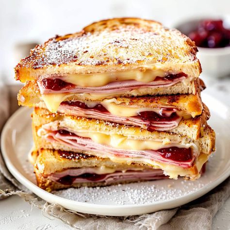 Monte Christo Sandwiches Recipe, Easy Monte Cristo Sandwich, Fancy Lunch Recipes, Best Monte Cristo Sandwich Recipe, Savory Combo Recipes, Cooked Sandwiches, Montecristo Sandwich, Monte Crisco, Dessert Sandwiches