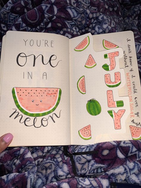 Bullet journal theme: watermelon! Watermelon Bullet Journal Theme, Watermelon Bujo Theme, Gernal Ideas, Watermelon Bullet Journal, Bullet Journal Birthday Tracker, August Bullet Journal Cover, June Bullet Journal, Journal June, Bullet Journal Titles