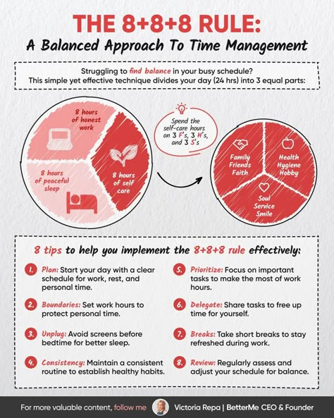 Business Infographics on LinkedIn: The 8+8+8 Rule  Credits to Victoria Repa, follow her for more impactful… The 8+8+8 Rule, 888 Rule Schedule, 8 8 8 Rule Time Management, 888 Rule, 8 8 8 Rule Time, Independent Living Activities, 8 8 8 Rule, New Years Plans, Flow Psychology