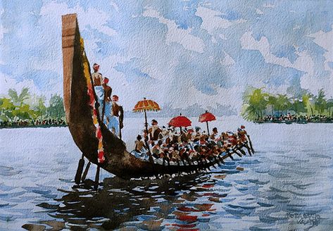 Enchanting view of Alapuzha backwaters. View from the Boat race, Kerala's prestigious cultural programme. Picturising this scenic beauty in water colour painting. Kerala Scenery Painting, Onam Festival Watercolor Painting, Kerala Backwaters Painting, Kerala Landscape Painting, Kerala Watercolor Paintings, Kerala Painting, Madras Cafe, Numbers Drawing, Festival Paint