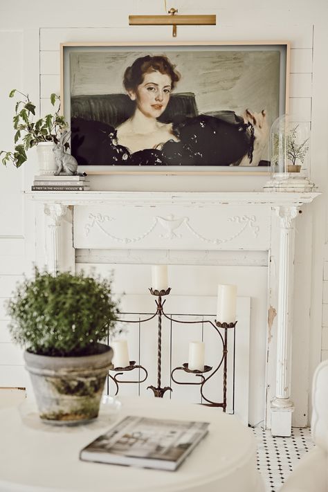 Farmhouse Fireplace Mantel with Samsung Frame TV and Art Light Small Living Room Ideas With Tv, Tv Over Fireplace, Liz Marie, Liz Marie Blog, Faux Fireplace, Graphic Wallpaper, Fireplace Wall, Ship Lap Walls, Living Room Tv