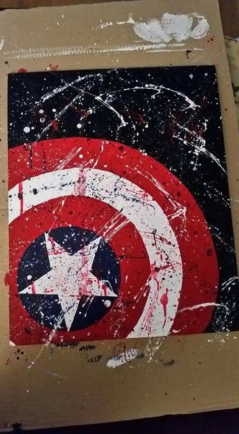 Captain America Shield Painting, Cool Marvel Paintings, Avengers Painting Ideas On Canvas, Marvel Paintings Easy, Captain America Bedroom Ideas, Marvel Paintings On Canvas, Avengers Painting Ideas, Super Hero Paintings, Avengers Paintings