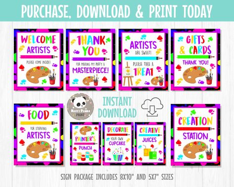 Printable Art Party Birthday Sign Package, Painting Party, Art Party DIY Signs, Party Decor, Table Signs, Welcome Sign, INSTANT DOWNLOAD Art Party Birthday, Double Birthday Parties, Happy Panda, Mermaid Invitations, Mermaid Theme Party, Painting Party, Splash Pad, Etsy Printable Art, Party Diy