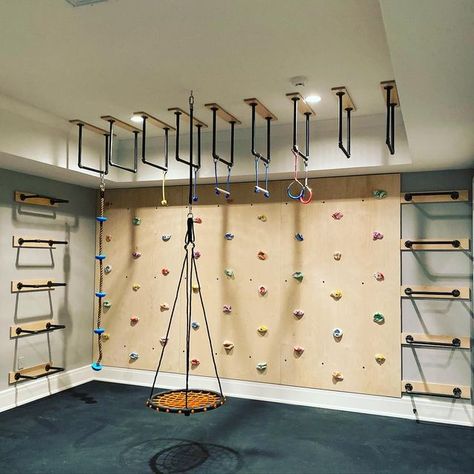 Kids Gym Room, Basement Play Area, Bonus Room Playroom, Kids Playroom Basement, Garage Playroom, Indoor Climbing Wall, Indoor Playroom, Basement Games, Hangout Room