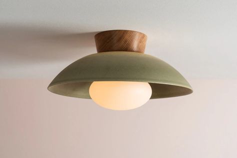 Green Dawn Flush Mount Ceiling Light in Ceramic and Oak - Etsy Cedar And Moss, Wood Light Fixture, Mid Century Light, Flushmount Ceiling Lights, Lighting Plan, Kitchen Ceiling Lights, Overhead Lighting, Rustic Lighting, Modern Light Fixtures