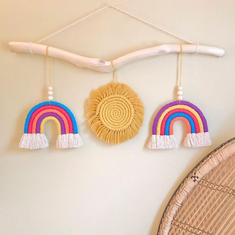 ForgetBknot Macrame on Instagram: “Anyone needing some sunshine and rainbows 🙋‍♀️?!? . Short and dreary days here in Canada’s capital. Share this post with anyone needing a…” Macrame Accessories, Macrame Rainbow, Macrame Patterns Tutorials, Baby's Room, Boho Designs, Macrame Patterns, Tassel Necklace, Macrame, Amigurumi