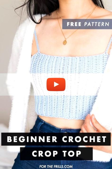 Easy Crochet Crop with Tie Straps! – free pattern + video tutorial for! Crochet A Crop Top, Crochet Camisole, Summer Crochet Patterns Free, Easiest Crochet, Crop Top Sewing Pattern, Crochet Beginners, Ribbed Crochet, Crop Top Pattern, Crochet Crop Top Pattern