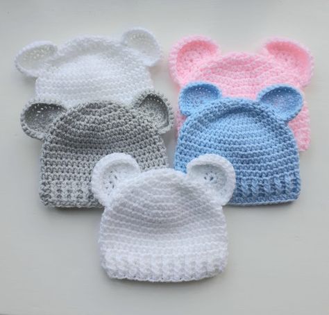 Crochet Preemie Hats, Crochet Baby Hats Free Pattern, Modern Haken, Crochet Baby Cap, Easy Beginner Crochet Patterns, Ears Hat, Preemie Hats, Bear Beanie, Crochet Baby Beanie