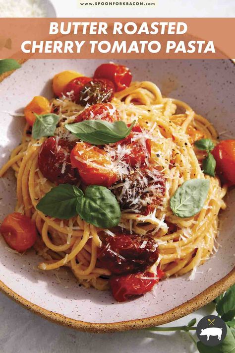 A deliciously simple recipe for Butter Roasted Cherry Tomato Pasta! It's the perfect summertime dinner that also happens to be vegetarian friendly! Roasting the cherry tomatoes in butter really takes this recipe to the next level! #pasta #pastarecipe #cherrytomato #tomato #tomatoes #easyrecipe #dinner #yummy Roasted Cherry Tomato Pasta, Tomato Pasta Recipe, Tomato Butter, Cherry Tomato Recipes, Dinner Yummy, Cherry Tomato Pasta, Homemade Sauce Recipes, Butter Pasta, Roasted Cherry