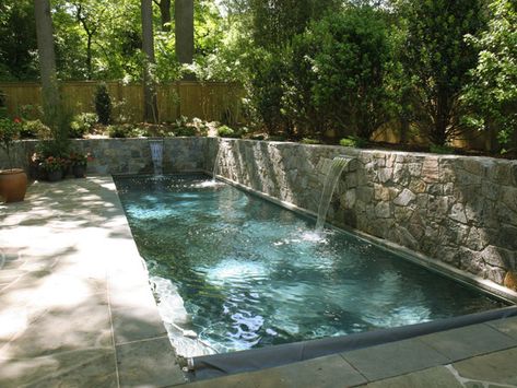 Lap Pool with Sheer Descent Waterfalls and Retaining Walls - Contemporary - Pool - DC Metro - by Land Art Design, Inc. Pool Retaining Wall, Lap Pools Backyard, Hillside Pool, Lap Pool Designs, Landscaping Around Pool, Pool Design Ideas, Pools Backyard Inground, Small Swimming Pools, Small Pool Design