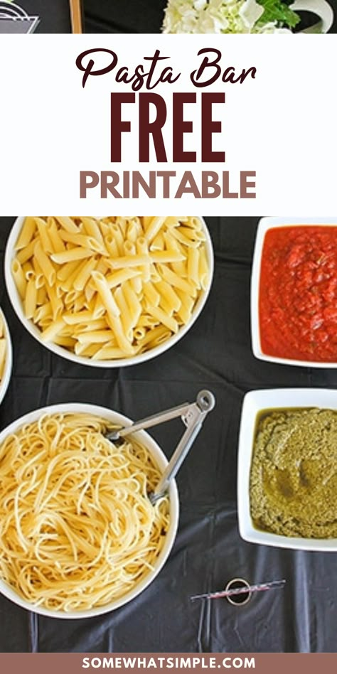 If you are having a gathering, try this Pasta Bar + Free Printables! It’s kid-friendly, adult-friendly, and totally versatile! You can customize it endlessly with variations on pasta shapes, sauces, and toppings, and it’s easy to please even the pickiest of eaters. One of my favorite dinners to serve when we have company over is this fantastic Italian pasta bar. It’s an easy, convenient, and affordable way to serve a delicious meal that everyone will love! Plus, it's so simple! Pasta Bar Checklist, Pasta Buffet Ideas Food Bars, Pasta For A Crowd Parties Entertaining, Pasta Bar Birthday Party, Pasta Bar Ideas Birthday, Spaghetti Bar Ideas, Easy Pasta Bar Ideas, Build Your Own Pasta Bar Ideas, Make Your Own Pasta Bar