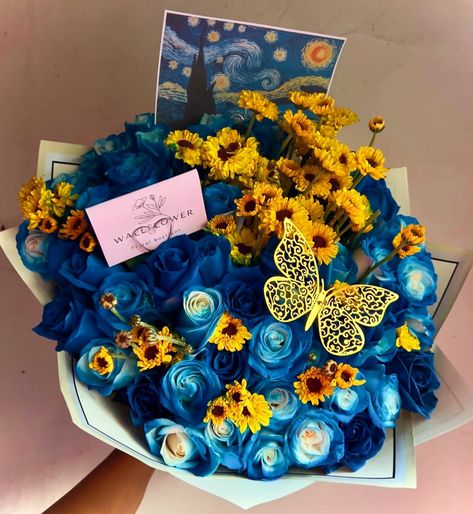 Starry Night Flower Bouquet, Starry Night Flowers, Starry Night Bouquet, Van Gogh Bouquet, Van Gogh Butterfly, Van Gogh Flowers, Van Gogh Gifts, Starry Night Wedding, Luxury Flower Bouquets