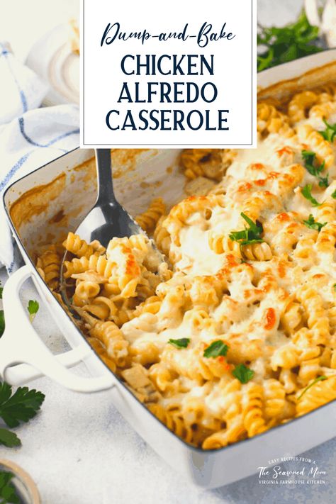 A 10-minute crowd-pleaser, this Dump and Bake Chicken Alfredo Casserole is an easy, cheesy, comfort food dinner for your busiest weeknights -- and you don't even have to boil the pasta! Serve the simple Chicken Alfredo Bake with a side of broccoli, a crisp green salad, garlic bread or a crusty baguette. With a jar of Alfredo sauce and a rotisserie chicken, it's one of the quickest meals you'll ever prep! Dump And Bake Chicken Alfredo Pasta Casserole, What To Do With A Jar Of Alfredo Sauce, Chicken Alfredo Easy Jar, Alfredo Dump And Bake, Easy Alfredo Bake, Recipes With Jar Alfredo Sauce, Chicken Alfredo Using Jar Sauce, Chicken Recipes With Alfredo Sauce, Dinner With Alfredo Sauce