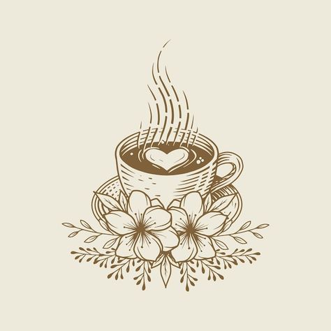 Taza de café con leche con adornos flora... | Premium Vector #Freepik #vector #flor-cafe #cafe-expreso #taza-cafe #beber-cafe Drawing Of A Coffee Cup, Coffee Bean Flower Tattoo, Coffee Cup Design Drawing, Coffee Cup With Flowers Tattoo, Coffee Cup Tattoo Design, Coffee Cup Tattoo Vintage, Coffee Inspired Tattoos, Coffee Cup Design Art, Cafe Drawing Aesthetic