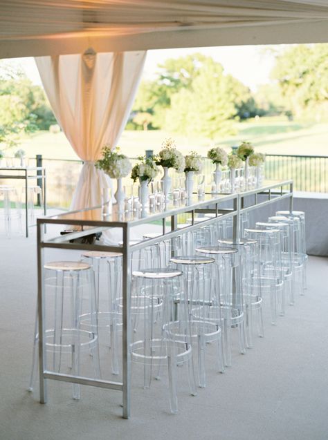 modern elegant tented wedding reception decor | high top community cocktail table surrounded by clear acrylic stools Tented Reception, Pub Design, High Top Tables, Pub Table Sets, Events Photography, Tent Reception, Classic Southern, Salou, Wedding Receptions