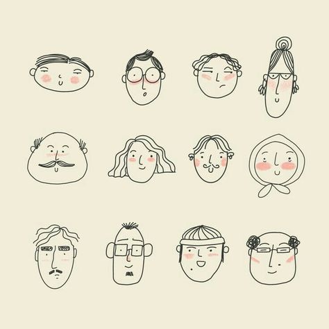 Face Expressions Illustration, Self Portrait Doodle, Cartoon People Drawings Simple, Simple Faces To Draw, Doodle Character Design, People Drawings Simple, Face Doodles Sketch, Human Doodle People, Handdrawn Illustration Style