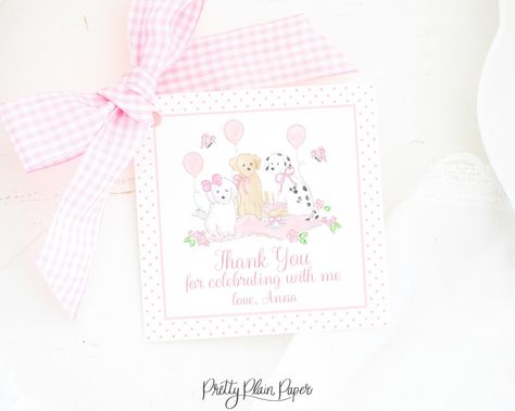 Puppy Party Theme, Dog Themed Parties, Bright White Background, Pink Puppy, Puppy Birthday, Balloon Dog, Dog Party, Puppy Party, Favor Tags