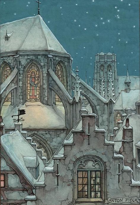 Church Watercolor, Anton Pieck, Dutch Painters, Dutch Artists, Christmas Illustration, A Drawing, Graphic Artist, Vintage Illustration, Anton