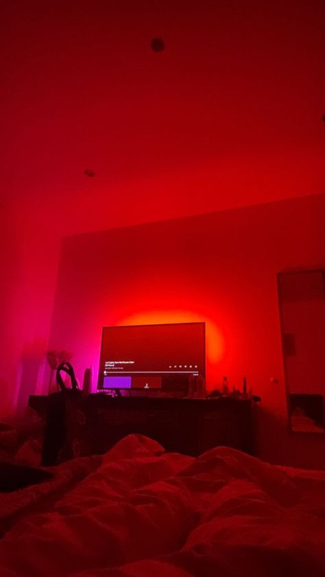 tv bedroom clean vibe red led light europe interior night design Red Light Night Aesthetic, Red Led Room, Red Led Lights Aesthetic, Red Led Lights Bedroom Aesthetic, Red Themed Room, Red Light Room, Red Lights Bedroom, Bedroom Inspirations Red, Red Boys Bedroom