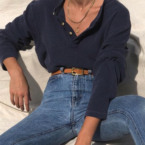 Favorite look from the archive 💙 similar Henley’s being listed this week Henley Shirt Women Outfit Aesthetic, Looks Jeans, Look Retro, Looks Street Style, Mode Inspo, 가을 패션, Mode Inspiration, Style Outfits, Looks Vintage