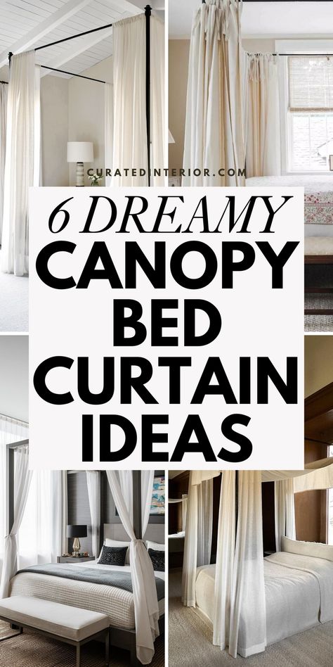 Transform your bedroom into a dreamy oasis with these 6 beautiful canopy bed curtain ideas. From everyday elegance to organic modern vibes and sophisticated luxury, discover the perfect canopy curtains to elevate your sleeping sanctuary. #canopybeds Canopy Bed Ideas With Curtains, Canopy Bed With Curtains And Lights, Curtains For Canopy Bed, Canopy Bed Diy Bedroom, Diy Bed Canopy Frame, Bed With Canopy Curtains, Curtains Hanging From Ceiling Over Bed, Canopy Bed Curtain Ideas, Curtain Canopy Bed Diy