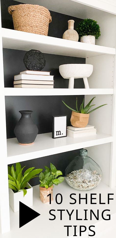 Built In Shelves Living Room 2023, Home Office Ideas Shelves, Clean Shelf Decor, Bookcase Styling Minimalist, Simplistic Shelf Decor, Media Shelf Decor, Minimalist Bookcase Decor, Shelf Staging Ideas, Abstract Shelf Decor