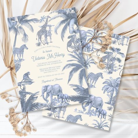 Toile Safari Jungle baby shower Invitation Blue Safari Baby Shower Boy, Baby Animal Baby Shower Theme, Spring Baby Shower Themes For Boys, Baby Shower Invites For Boys, Baby Shower Color Themes, Giraffe Baby Shower Theme, Baby Shower For A Boy, Jungle Baby Shower Invitation, Boy Baby Shower Invitations