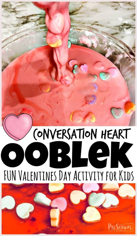 Celebrate Valentines Day in February by whipping up a batch of this realy fun Conversation Heart Ooblek! Making ooblek is quick and easy and loads of fun as this substance is hard in yoru hand and then drizzles out of your hand - WOW! This valentines day activity is perfect for toddler, preschool, pre-k, kindergarten, first grade, and 2nd grade students.  The cute heart candies in the ooblek recipe make this valentines day activities for preschoolers extra fun! Valentines Day Science, Valentine Science Experiments, Valentine Math Activities, Valentines Day Activity, Preschool Valentines Activities, Balloon Experiment, Valentine Worksheets, Heart Candies, Science Valentines