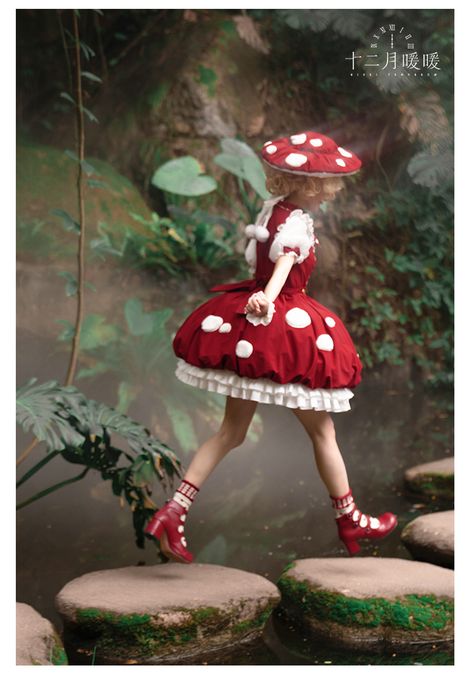 (1) LolitaWardrobe (@LolitaWardrobe) / X Green Mushroom Cosplay, Mushroom Dress Drawing, Mushroom Dresses, Nikki Tomorrow, Renfaire Costume, Mushroom Model, Mushroom Wonderland, Fairy Dress Costume, Mushroom Outfit