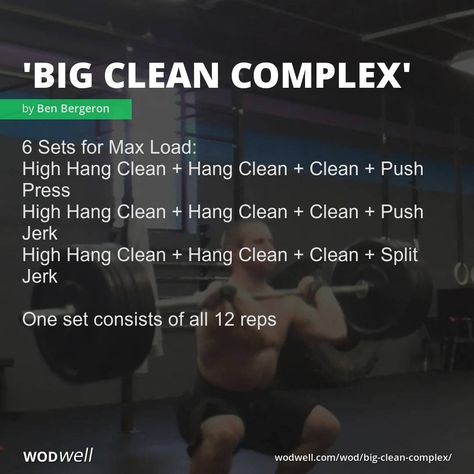 "Big Clean Complex" WOD - 6 Sets for Max Load: High Hang Clean   Hang Clean   Clean   Push Press; High Hang Clean   Hang Clean   Clean   Push Jerk; High Hang Clean   Hang Clean   Clean   Split Jerk; One set consists of all 12 reps Complex Workout, Crossfit Workouts Wod, Hang Clean, Background Story, Workout Inspo, Barbell Workout, Functional Fitness, Popular Workouts, Crossfit Workouts