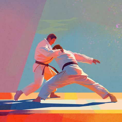 Number 5 of my olympic sports inspired challenge: Judo 🥋 I have to say I’m loving this challenge so far, it’s allowing me to test some new techniques and brushes etc, plus hone my colour stuff and figure drawing #judoart #illustrationartists #madeinprocreate #freelanceillustrator #sportsillustration Judo Drawing, Olympic Judo, 2024 Number, Instagram Number, Japanese Poster Design, Emma Rose, Olympic Sports, Japanese Poster, Number 5