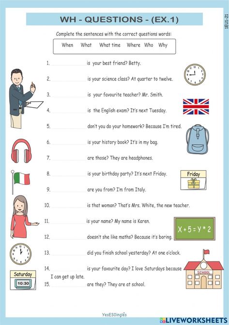 Wh Question Worksheet For Kids, Wh Question Worksheet, Teacher Routine, Wh Worksheets, Wh Questions Worksheet, Esl Exercises, Wh Questions Exercises, Wh Questions Activities, Teaching Vowels