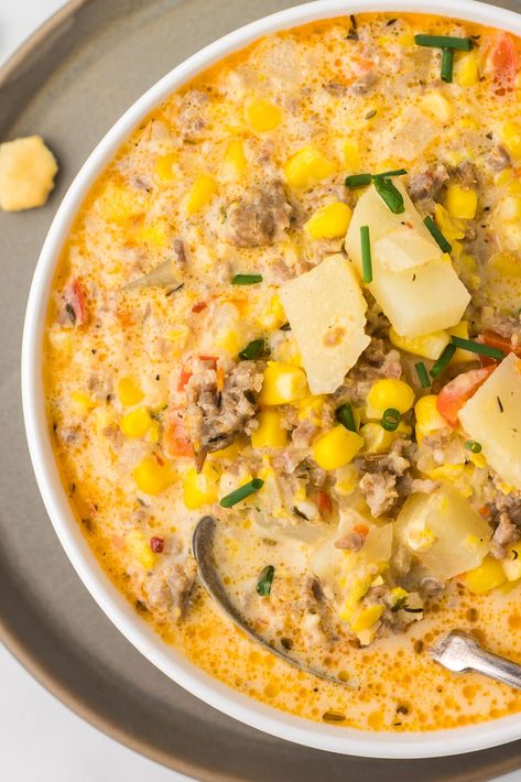 Sausage And Corn Chowder, Sausage Corn Chowder Recipe, Corn Chowder Crockpot, Sausage Corn Chowder, Potato Corn Chowder, Classic Pasta Salad, Corn Chowder Recipe, Chowder Recipe, Sausage Potatoes