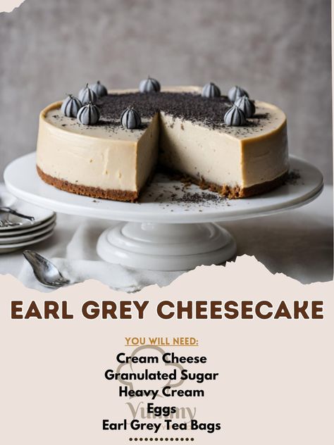 Savor Earl Grey Cheesecake! 🍰☕ A sophisticated twist on a classic, infused with the aromatic charm of Earl Grey. #TeaTimeTreat #CheesecakeInnovation Earl Grey Cheesecake Recipe 🌿🧀 Ingredients: For the Crust: Graham Cracker Crumbs (150g): 150g Unsalted Butter (melted, 75g): 75g Sugar (50g): 50g For the Filling: Cream Cheese (softened, 900g): 900g Granulated Sugar (200g): 200g Heavy Cream (240ml): 240g Eggs (4 large): Approximately 200g Earl Grey Tea Bags (4): 4 bags Vanilla Extract (1 tsp):... Earl Grey Tea Desserts, Earl Grey Dessert Recipes, Earl Grey Desserts, Earl Grey Recipes, Grey Desserts, Cheesecake Garnish, Earl Grey Cheesecake, Sophisticated Recipes, Food Experiments