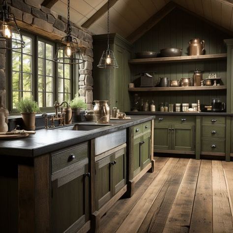 Olive Green Kitchen Cabinets Ideas, Olive Green Door Interiors, Green Kitchen Aesthetic Vintage, Olive Green Kitchen Walls Oak Cabinets, Antique Green Kitchen Cabinets, Olive Green Cabinets Kitchen, Green Rustic Kitchen, Moody Green Kitchen, Green Kitchen Cabinets Ideas