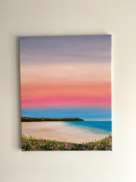 Beach Easy Painting Ideas, Blue Aesthetic Canvas Painting, Peaceful Acrylic Painting, Bright Painting Ideas On Canvas, Painting Excersise, Summer Beach Painting, Canvas Painting Ideas Beach, Landscape Art Painting Acrylic, Beach Paintings On Canvas Easy