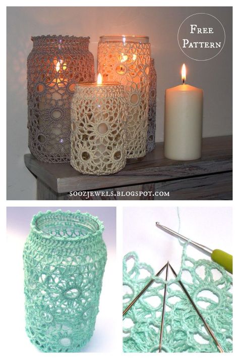 Holey Suns Jar Covers Free Crochet Pattern Crochet Mason Jar Sleeve, Crochet Mason Jar Hanger, Crochet Mason Jar Covers Free Pattern, Crochet Lantern Pattern Free, Crochet Jar Covers Free Pattern, Crochet Candle Holder Pattern, Jar Macrame, Crochet Candle Holder, Crochet Vase