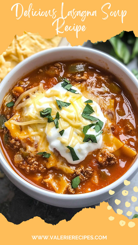 Craving all the flavors of classic lasagna but in a quick, easy-to-make version? This One-Pot Lasagna Soup is your answer! Packed with savory ground meat, tender pasta, rich tomato sauce, and topped with a cheesy ricotta-mozzarella mixture, this soup delivers comfort in every bite. It's a family-friendly, hearty meal that's perfect for busy weeknights. Plus, it’s ready in just 40 minutes! Save this recipe for a cozy dinner or meal prep idea that’s both satisfying and simple. Cheesy Lasagna Soup, Lasagna Soup Instant Pot, Easy Crockpot Lasagna Soup, Lasagne Soup, Lasagna Soup Crockpot, Delicious Lasagna, Quick Family Dinners, Sausage Lasagna, Lasagna Soup Recipe