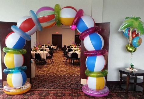 Diy Beach Ball Decor, How To Make A Beach Ball Arch, Beach Themed Float, Beach Theme Dance Decorations, Walk A Thon Themes, Breaker Rock Beach Stage Decorations, Beach Theme Balloons, Beach Ball Balloon Arch, Beach Ball Arch Diy