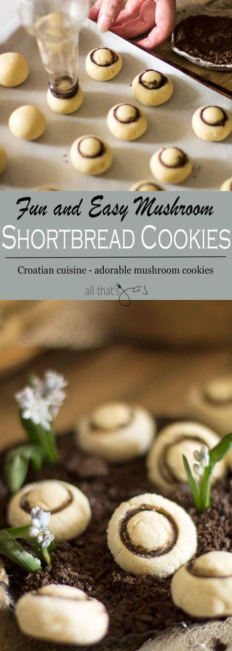 Sweet Shortbread Cookies shaped like mushrooms using one simple trick. These adorable cookies will impress and outshine any table setting. Easter Dessert Easy, Dessert Easy Recipes, Cottagecore Recipes, Croatian Cuisine, Mushroom Cookies, Mushroom Dish, Button Mushroom, Christmas Cookie Exchange, Fools Day