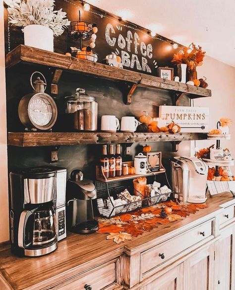 We Love Farmhouse! | Just sharing my “farmhouse” coffee bar 🧡 | Facebook Autumn Coffee Bar, Coffee Bar In Kitchen, Bar In Kitchen, Fall Coffee Bar, Coffee Bar Ideas Kitchen Counter, Coin Café, Coffee Bar Station, Coffee Bar Ideas, Farmhouse Coffee Bar