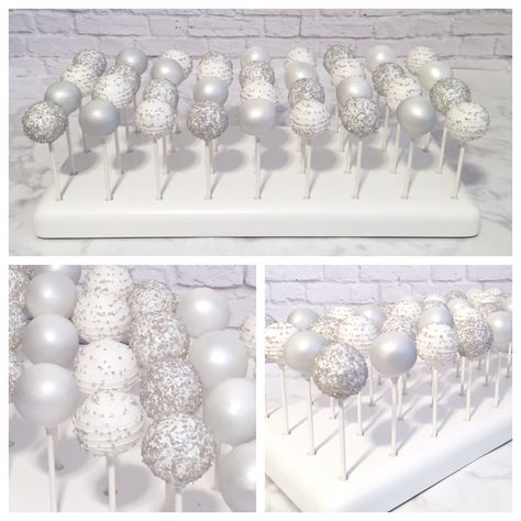 Birthday Decorations White And Silver, Silver And White Dessert Table, White And Silver Strawberries, White And Silver Cake Pops, Cake Pops Winter Wonderland, White And Silver Theme Party Decoration, Silver And White Theme Party, White And Silver Quinceanera Theme, Winter Onederland Cake Pops