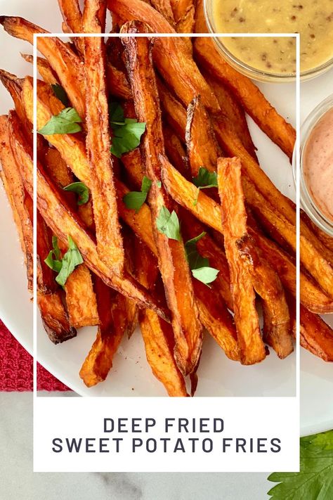 Sweet Potato Fries In Deep Fryer, How To Fry Sweet Potatoes, Sweet Potatoe Frys, Sweet Potato Fries Fried In Oil, Homemade Sweet Potato Fries Deep Fried, Pan Fried Sweet Potato Fries, Fried Sweet Potatoes Fries, Deep Fried Sweet Potatoes, Fried Sweet Potatoes Skillet