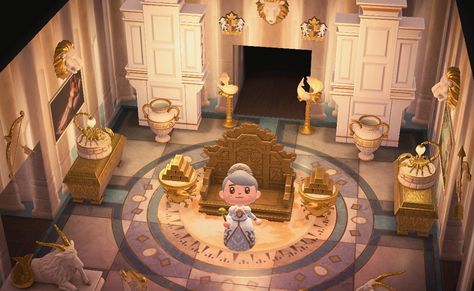 Palace floor and palace perfect with gold and star sign furniture - Animal Crossing New Horizons Animal Crossing Castle Interior, Acnh Gold Design, Acnh Throne Room, Acnh Castle Interior, Gold Theme Room, Castle House Interior, Hogwarts Interior, Royal Animals, Royal Room