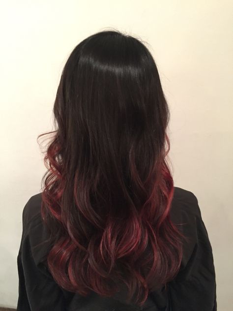 Red balayage by laura wonderlandbeauty parlor in NYC Black Hair Fading Into Red, Black Hair Dyed Red, Dark Red Hair Balayage, Cherry Red Balayage Hair, Red Hair Ends, Brown Hair With Red, Red Hair Tips, Red Balayage Hair, Short Dyed Hair