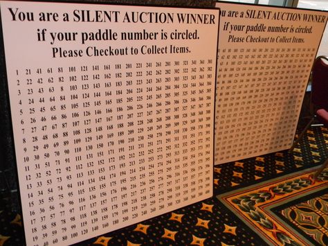 Silent Auction Paddle Number board. You are a WINNER if your paddle number is circled. No need to waste standing in line to see if you are winner or not. Silent Auction Display, Silent Auction Tips, Silent Auction Fundraiser, Wine Pull, Fundraising Games, Silent Auction Baskets, Number Board, Auction Baskets, School Auction