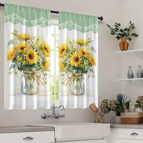 Modern Fresh Multi colored Sunflower Floral Digital Print - Temu Curtains Without Holes, Study Home, Kitchen Installation, Room Curtains, Living Room Study, Study Rooms, Boho Bedroom Decor, Cafe Curtains, Printed Curtains