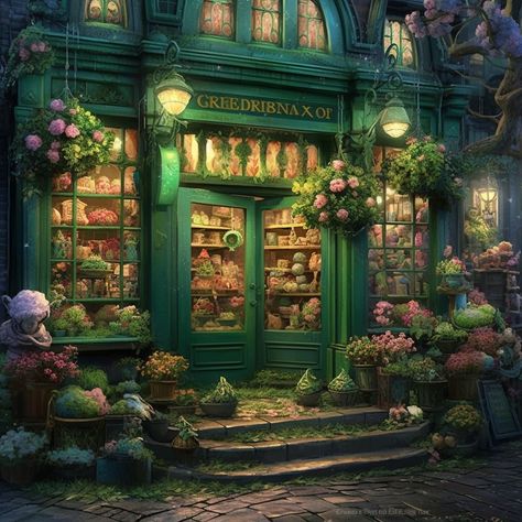 Witch Store Illustration, Fantasy Flower Shop, Casual Background, Exterior Perspective, Witch Store, Village Drawing, Fancy Store, Fantasy Story Ideas, Light City