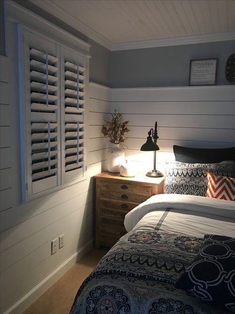 Lakehouse Bedroom Ideas Master Suite, Guest Room Shiplap Wall, Navy Shiplap Wall Bedroom, Dark Gray Shiplap Wall Bedroom, Lake House Wood Paneling, Shiplap Bedroom Wall Beds & Bed Frames, Wood Accent Wall Bedroom, Shiplap Bedroom, Hamptons House Interior