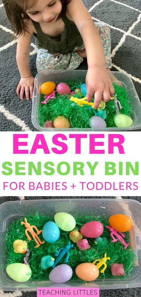 Try this simple Easter egg sensory bin activity with your baby or toddler. Easy to set up & use household items. Improve fine motor skills & language Egg Sensory Bin, Easter Sensory Bin, Easter Sensory, Simple Easter Eggs, Teaching Toddlers, Toddler Easter, Indoor Activities For Kids, Sensory Bin, Easter Activities